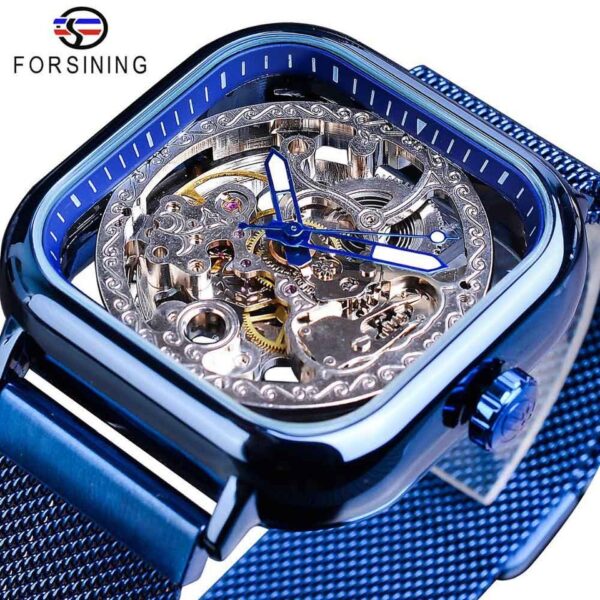 New Men Forsining Golden Automatic Watch Square Skeleton Mesh Steel Band Mechanical Business Clock Relogio Masculino Erkek Kol Saati - Image 12