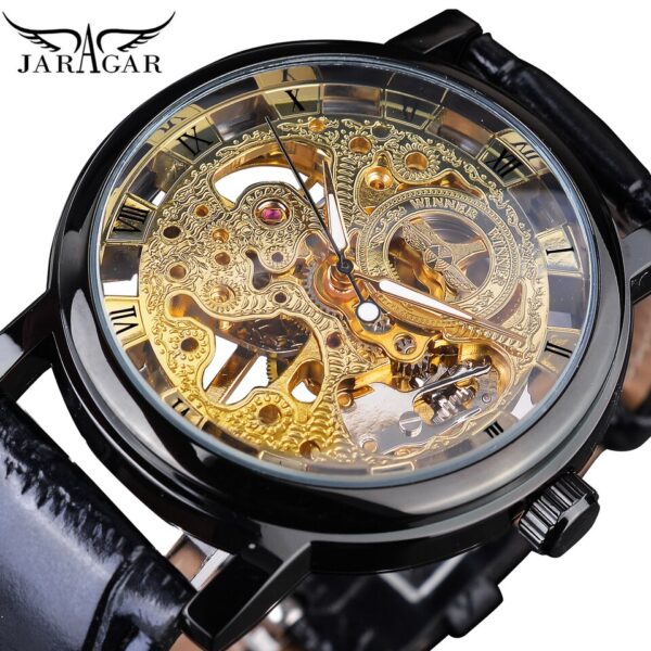 Winner Transparent Golden Case Luxury Casual Design Brown Leather Strap Mens Watches Top Brand Luxury Mechanical Skeleton Watch - Image 13