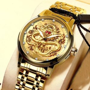 Luxury Embossed Gold Dragon Watch Men Full Steel Waterproof Watch Men Diamond Ruby Fashion Casual Japan Quartz Clock