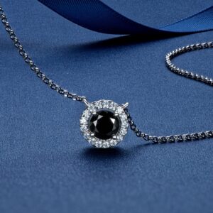 Luxury Female Halo Pendant Necklace for Women Round Cut 1.0ct Black Moissanite Authentic 925 Sterling Silver Jewelry Gift