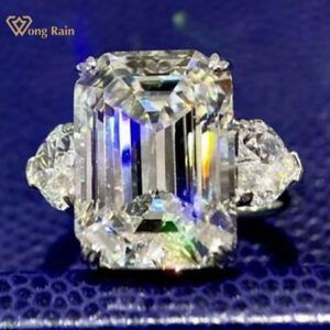 Wong Rain 100% 925 Sterling Silver 12CT Emerald Cut Simulated Moissanite Gemstone Wedding Ring Engagement Fine Jewelry for Women