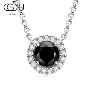 Luxury Female Halo Pendant Necklace for Women Round Cut 1.0ct Black Moissanite Authentic 925 Sterling Silver Jewelry Gift