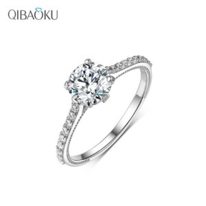 Solid 14k 18k White Gold Round Moissanite Engagement Ring for Women with Milgrain Romantic Wedding Rings for Couples Jewelry