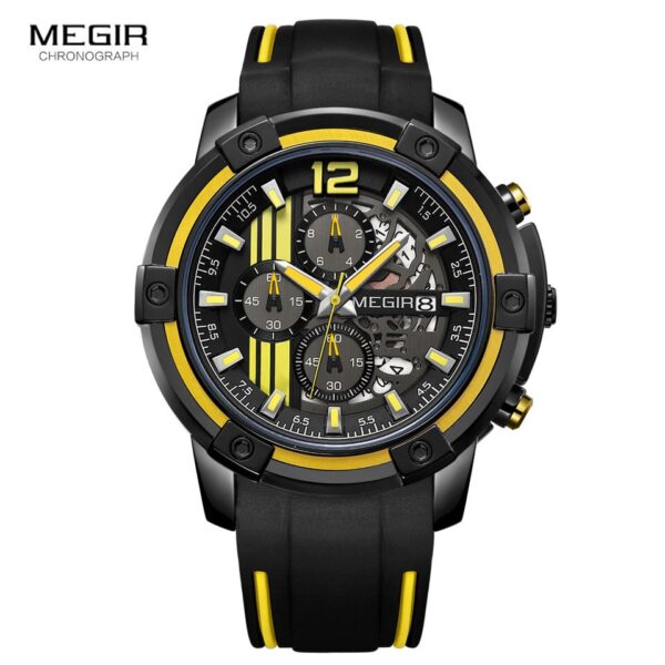 Men Sports Quartz Watch Yellow Chronograph with Black Silicone Strap Luminous Hands Waterproof 3 ATM Code 2097 - Image 5