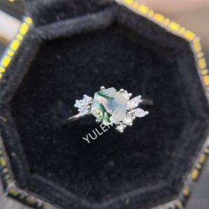 Flower Design for  Women  Jewellery Natural Moss Agate 6*6mm  Wedding Rings for Couples