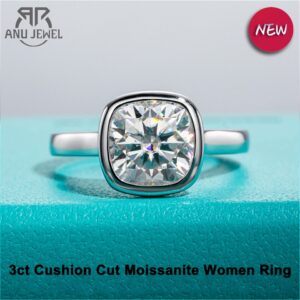 AnuJewel 3ct D Color Cushion Cut Moissanite Bezel Engagement Wedding Ring 925 Sterling Silver Rings For Women Jewelry Wholesale