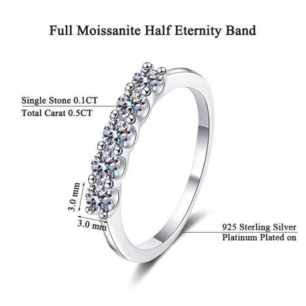 3MM Sterling Silver 0.5CT Moissanite Half Eternity Wedding Band Ring For Women 5 Stone Round Brilliant Cut Engagement Ring Set - Image 6