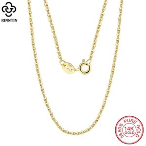 Rinntin 14K Solid Gold 1.0/1.2mm Diamond Cut Cable Chain Necklace for Women AU585 Yellow/White/Rose Gold Neck Chain Jewelry GC02
