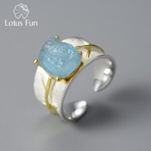 Lotus Fun Long Leaves Natural Aquamarine Gemstone Adjustable Rings for Women 925 Sterling Silver Original Luxury Fine Jewelry