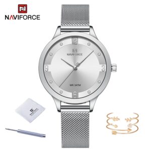 New High Quality Quartz Female Clock Mesh Stainless Steel Silver Blue Waterproof Ladies Bracelet