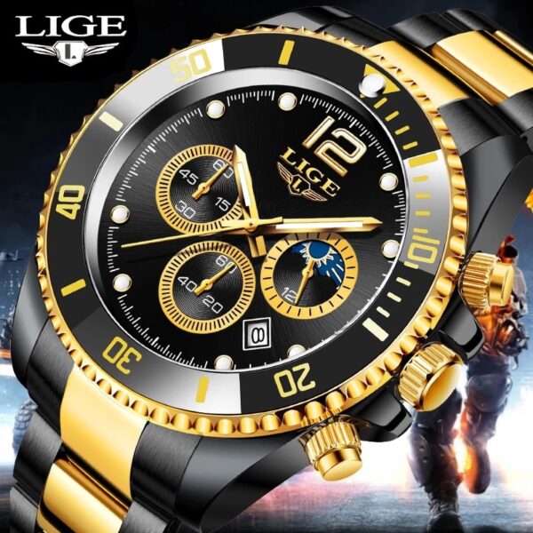 LIGE Watches Men Top Brand Luxury Clock Casual Stainless Steel 24 Hour Moon Phase Men Watch Sport Waterproof Quartz Chronograph