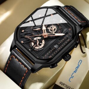Square Dial Leather Mens Watches Luxury Sport Waterproof Watch Man Chronograph Quartz WristWatches Homme+Box