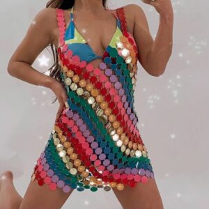 Colorful Sequins Bikini Chain Dress for Women Harness Bra Chest Neck Body Chain Sexy Summer Festival Rave Outfit