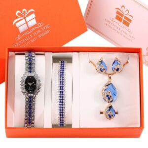 Women Bracelet Watches Luxury Diamond Necklace Earrings Set Gift for Girlfriend Fashion Elegant Green Quartz Wristwatches