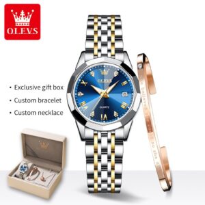 OLEVS Quartz Watch for Women Solid Stainless Steel Strap Rhombus Design Elegant Ladies Wristwatch Bracelet Necklace Gift Box Set