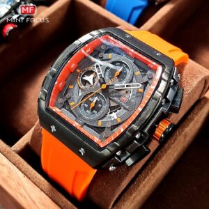 Chronograph Quartz Watch for Men Tonneau Dial Military Sport Wristwatch with Orange Silicone Strap Auto Date