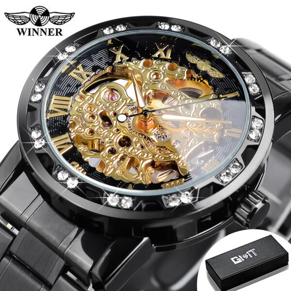 Winner Transparent Fashion Diamond Luminous Gear Movement Royal Design Men Top Brand Luxury Male Mechanical Skeleton Wrist Watch - Image 3