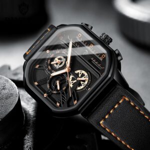 Square Chronograph Casual Fashion Sports Wrist Watch For Men Leather Clock Luxury Business Wristwatch Waterproof Date Watch