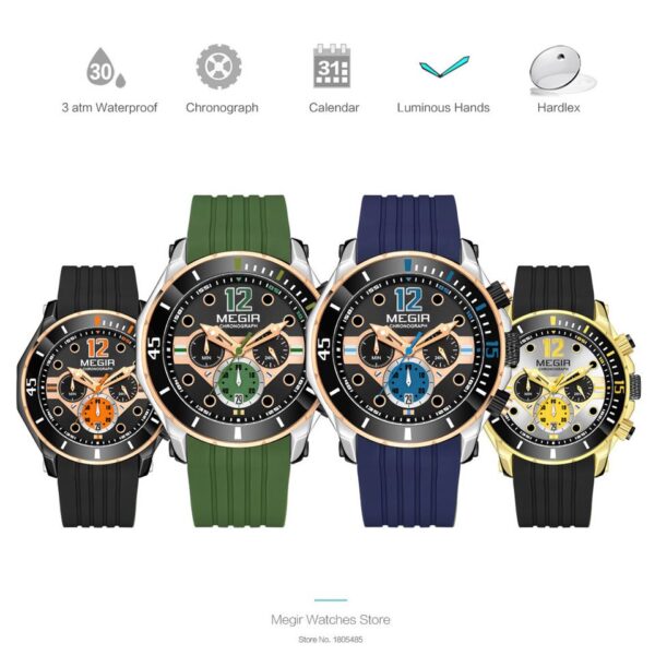 MEGIR Chronograph Watches for Men Fashion Military Sport Silicone Strap Wristwatch with Auto Date Waterproof Quartz Watch - Image 4