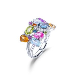 Unique Handcrafted Multi Gemstone Adjustable Ring Natural Citrine Amethyst Peridot Topaz Ring in Sterling Silver
