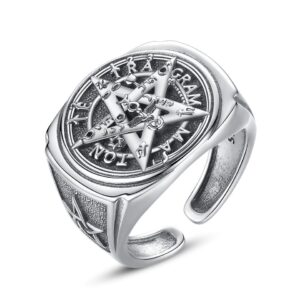925 Sterling Silver Pentagram Adjustable Ring for Men Women Amulet Guardian Star Tetragrammaton Ring Hip Hop Jewelry Gift