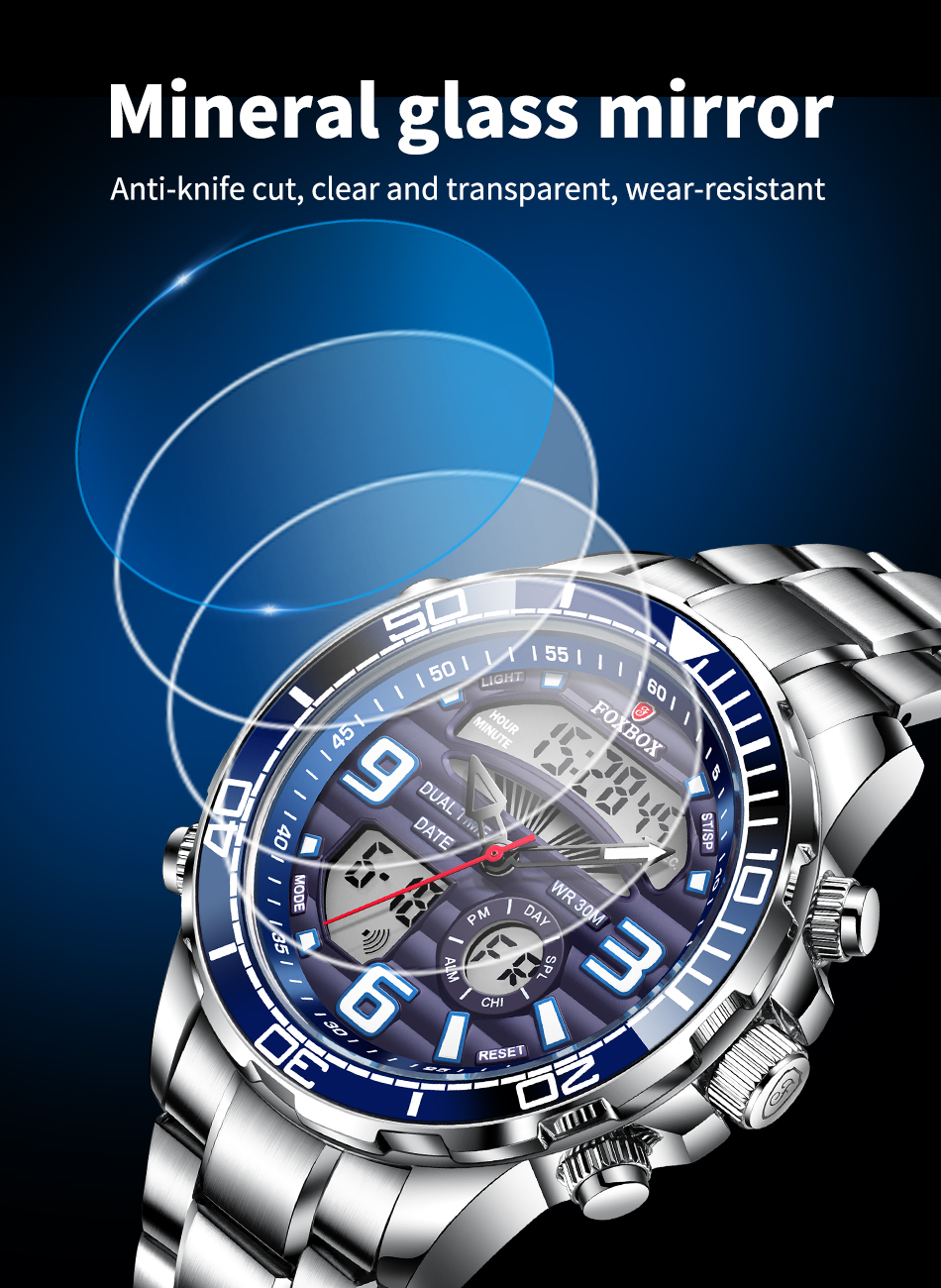 Men's Stainless Steel Military Sport Watch with Box – Silver Blue – detail 4