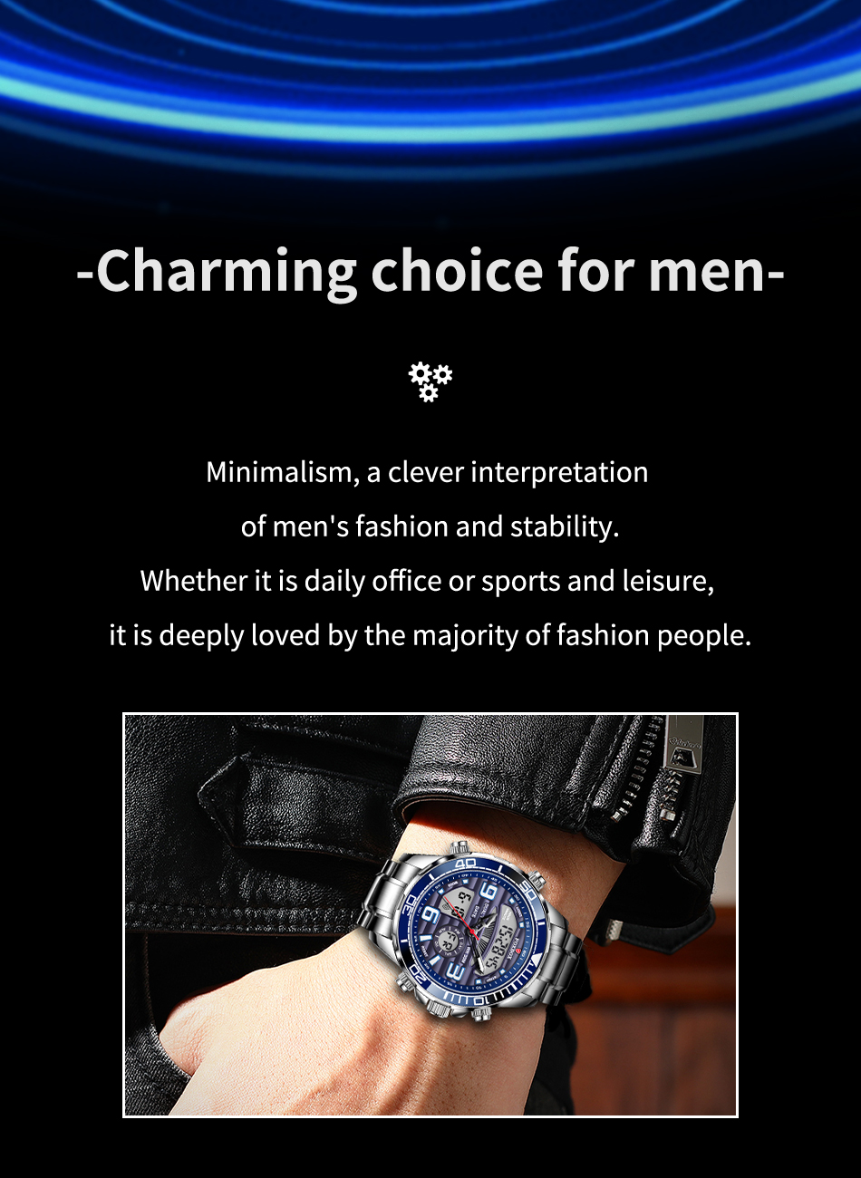 Men's Stainless Steel Military Sport Watch with Box – Silver Blue – detail 2