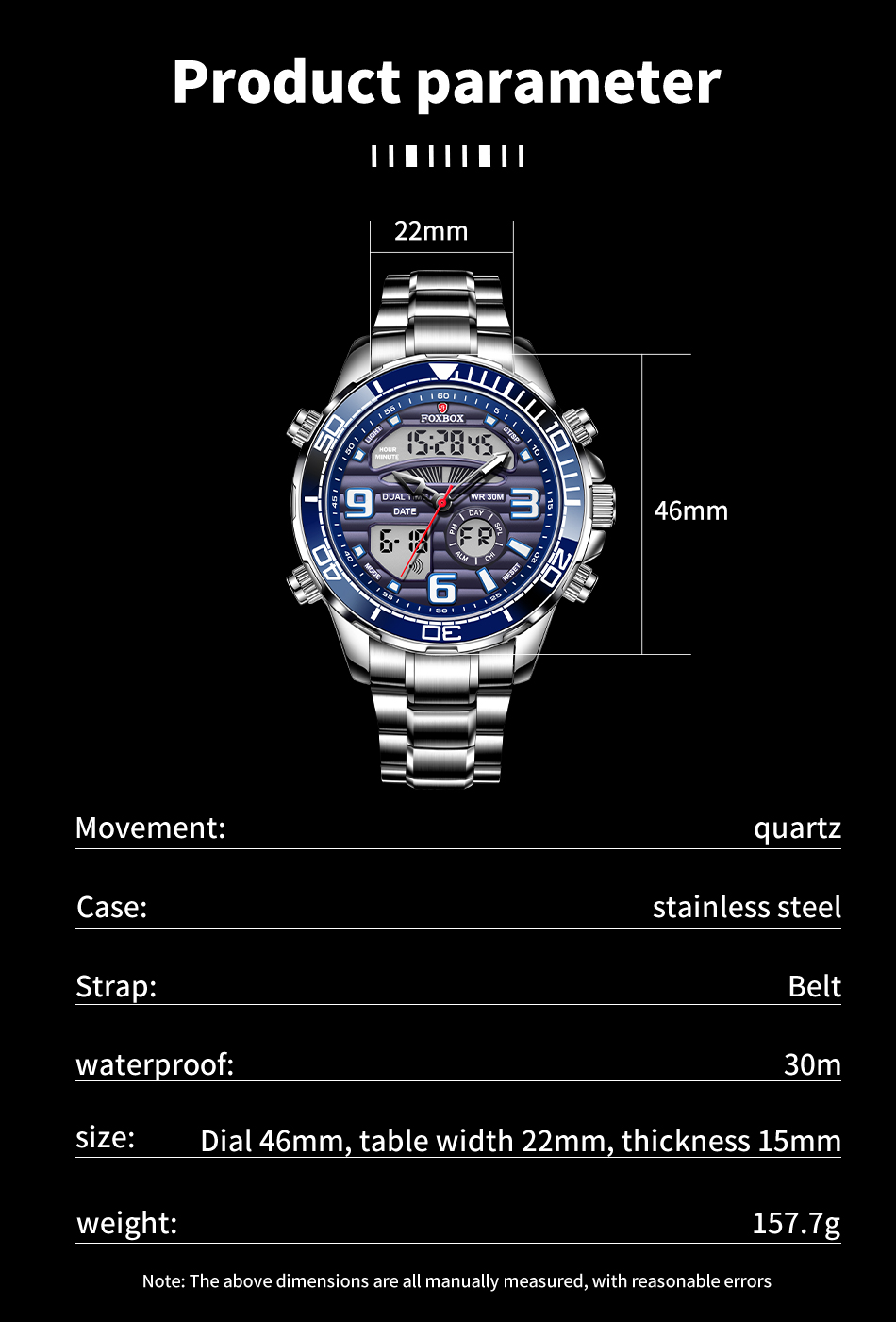 Men's Stainless Steel Military Sport Watch with Box – Silver Blue – detail 9
