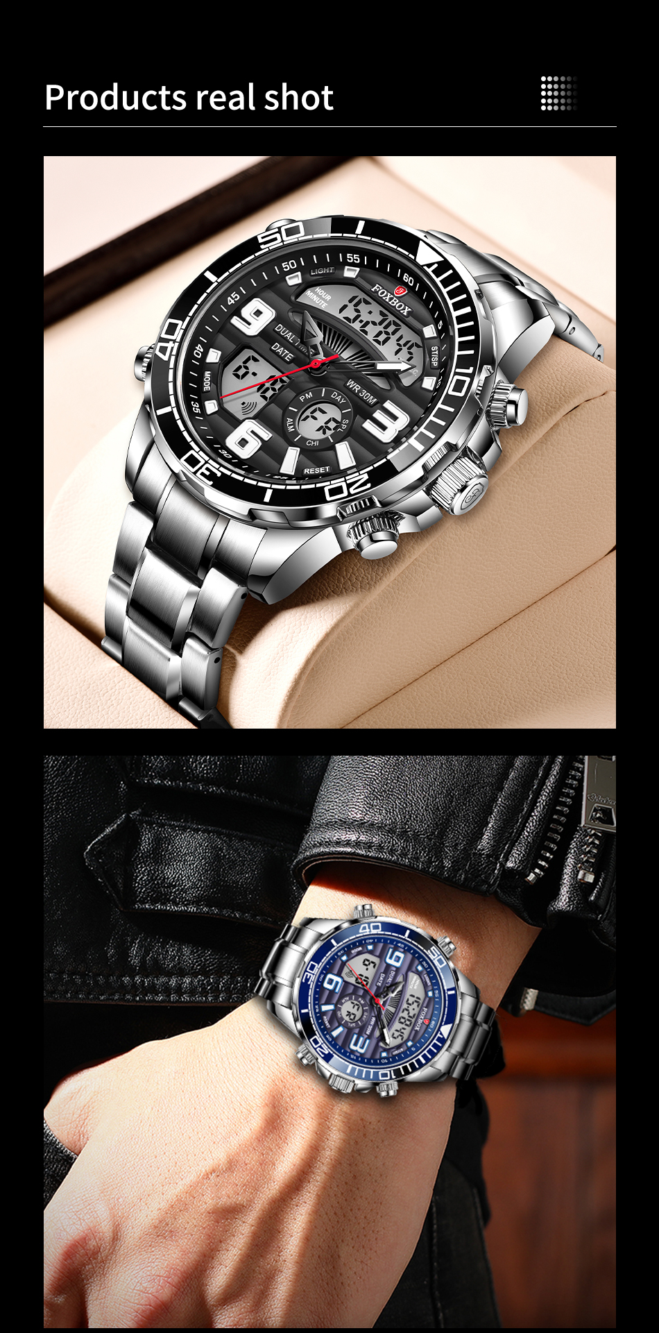 Men's Stainless Steel Military Sport Watch with Box – Silver Blue – detail 10