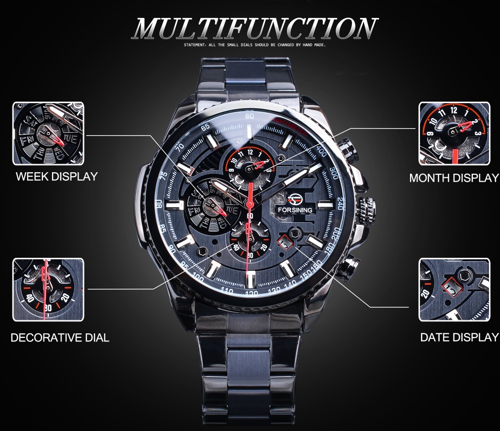 Forsining Three-Dial Calendar Automatic Watch – Steel – detail 3