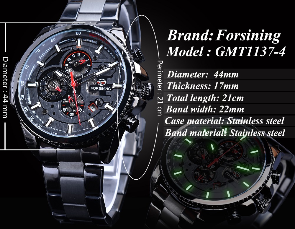 Forsining Three-Dial Calendar Automatic Watch – Steel – detail 4