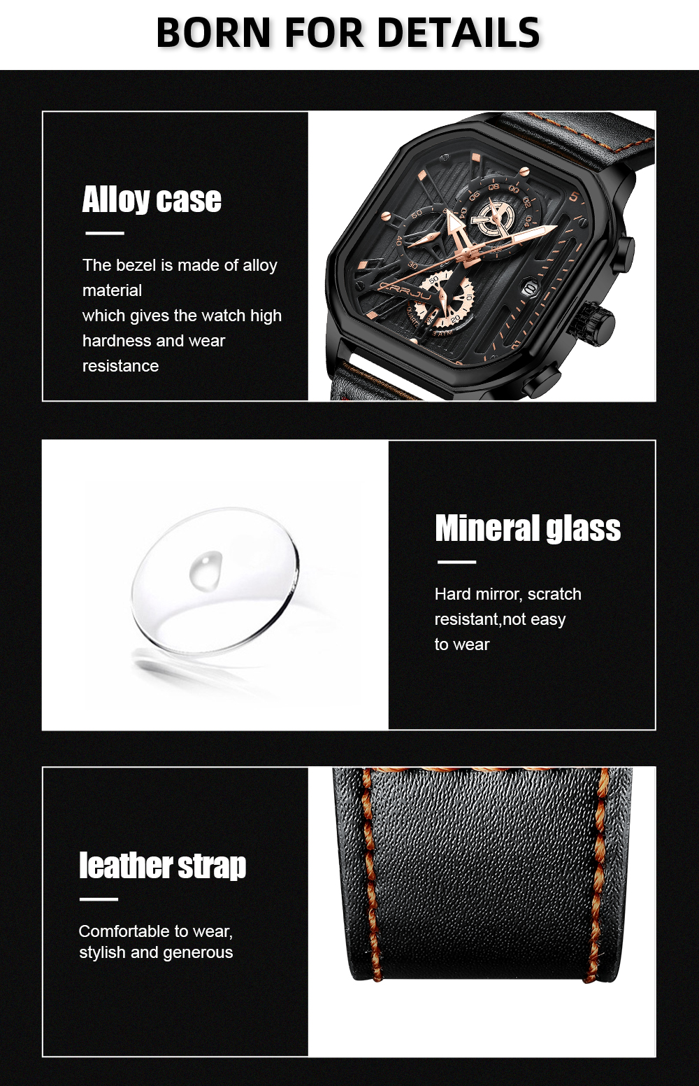 Men's Square Leather Chronograph Watch with Box – detail 8