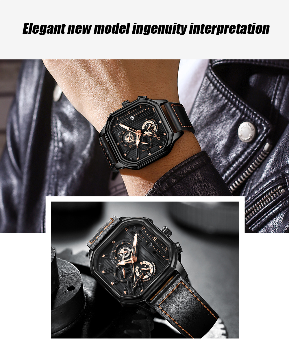 Men's Square Leather Chronograph Watch with Box – detail 7