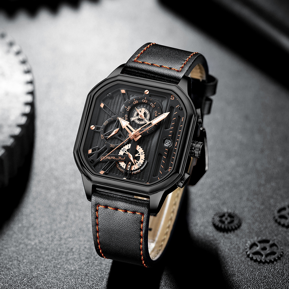 Men's Square Leather Chronograph Watch with Box – detail 26
