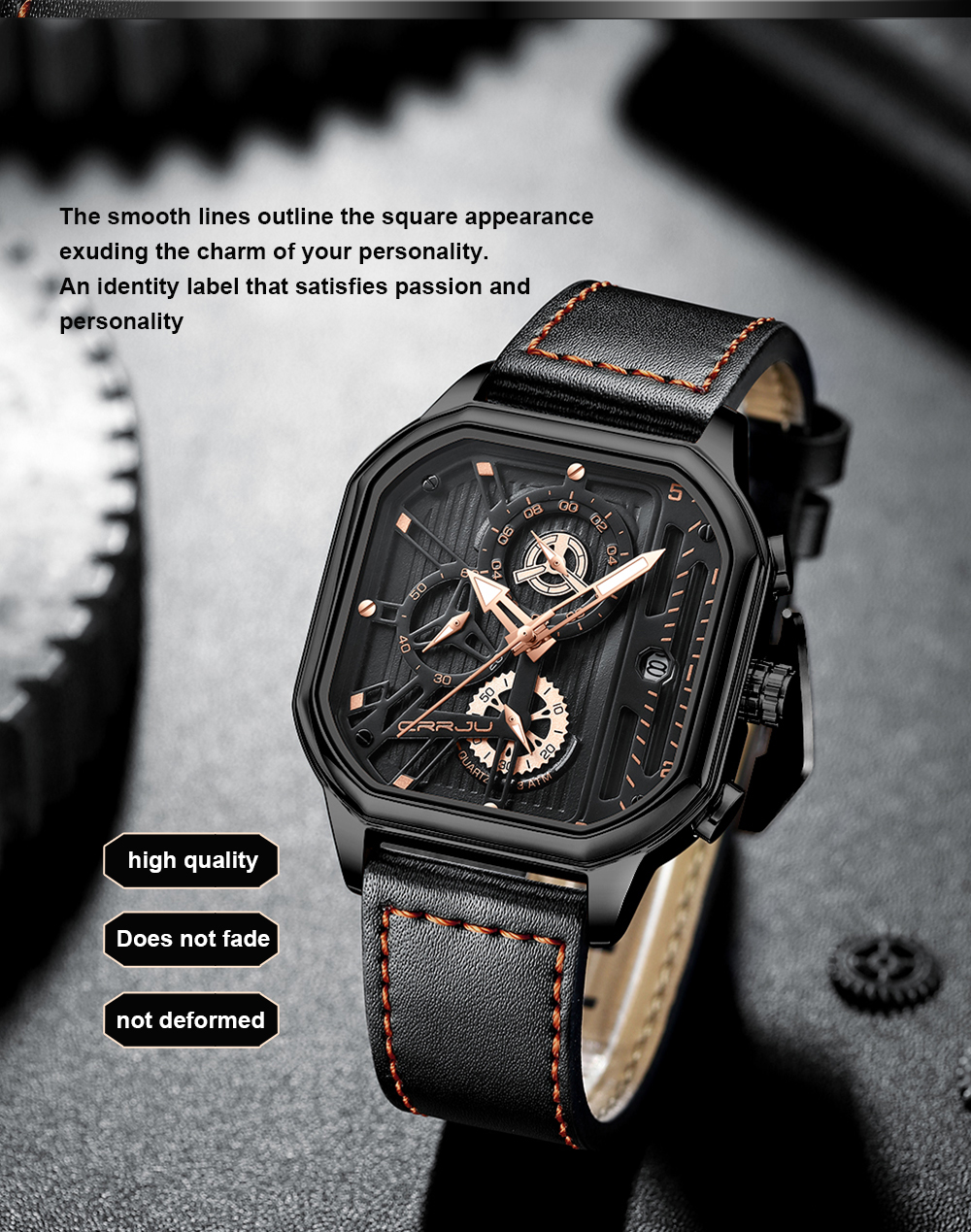 Men's Square Leather Chronograph Watch with Box – detail 3