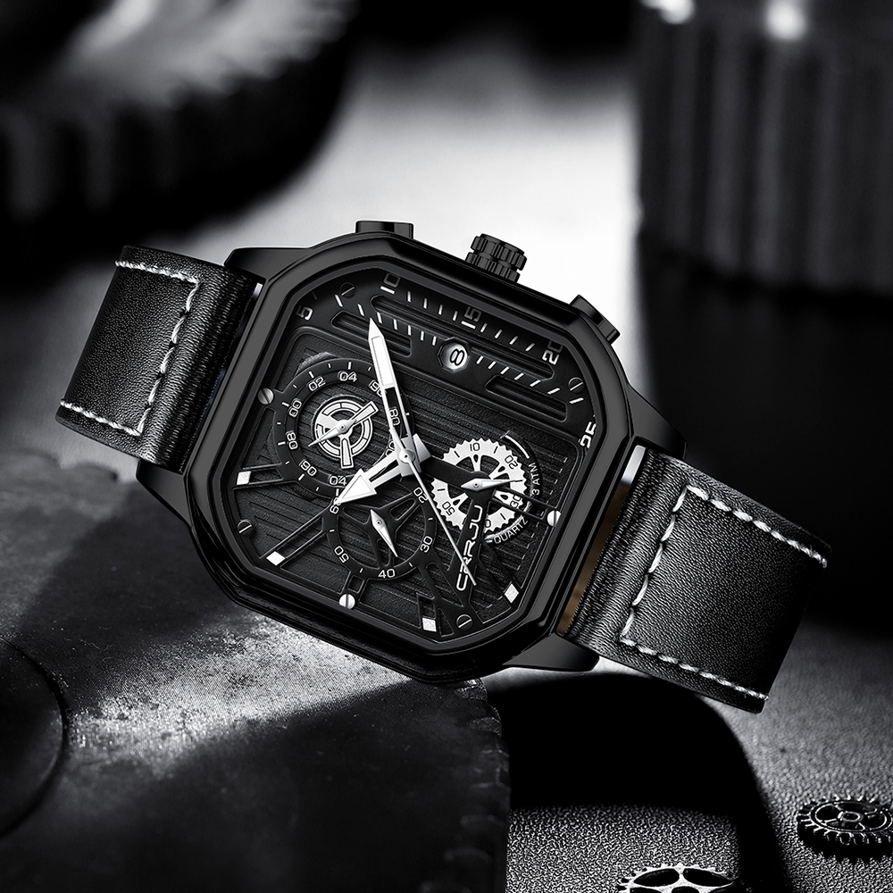 Men's Square Leather Chronograph Watch with Box – detail 21