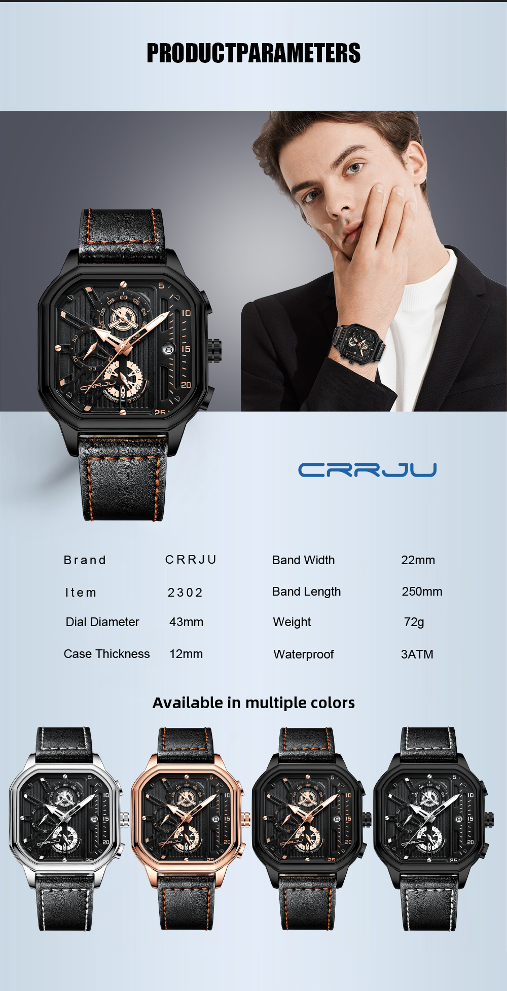 Men's Square Leather Chronograph Watch with Box – detail 5