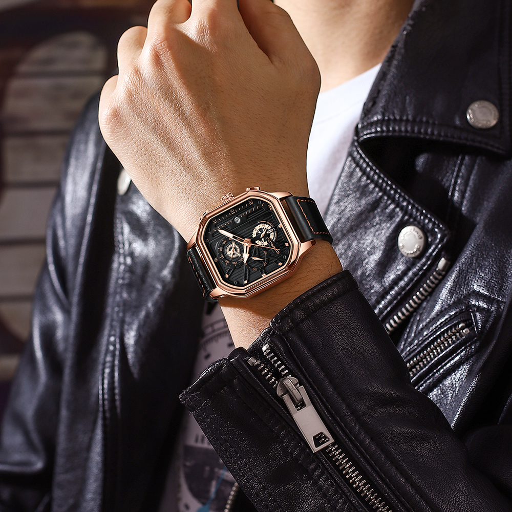 Men's Square Leather Chronograph Watch with Box – detail 11