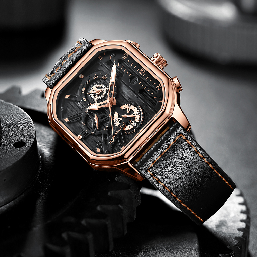 Men's Square Leather Chronograph Watch with Box – detail 13