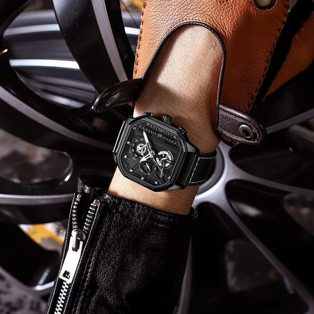 Men's Square Leather Chronograph Watch with Box – detail 20