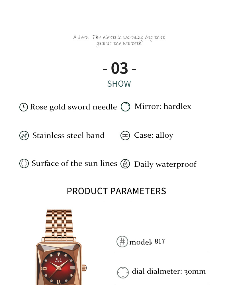 Women's Square Gold Watch – Stainless Steel, Brown Dial – detail 4