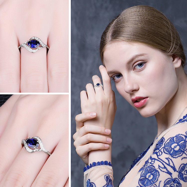 Created Blue Sapphire Halo Ring – 925 Sterling Silver – detail 4