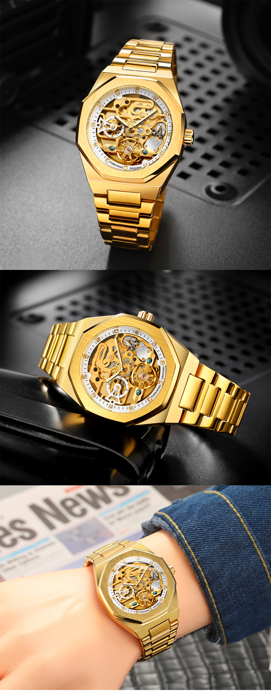 Forsining Men's Automatic Skeleton Watch – Stainless Steel – detail 13