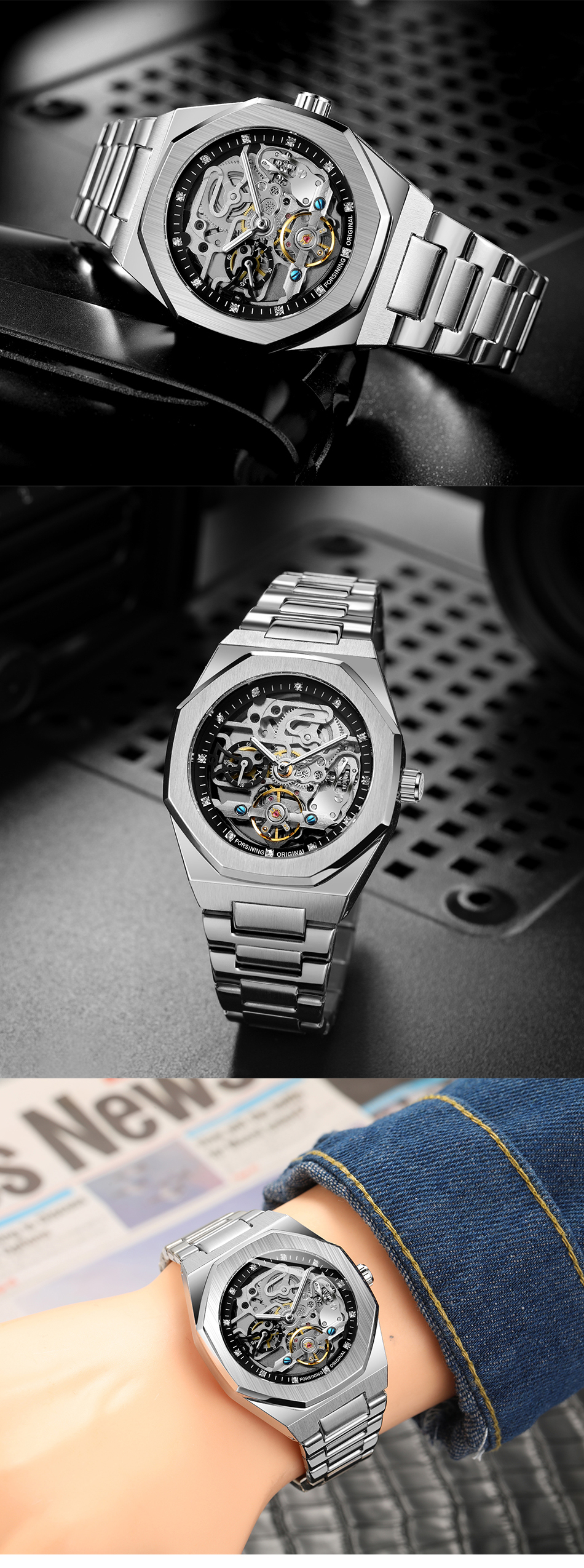 Forsining Men's Automatic Skeleton Watch – Stainless Steel – detail 14