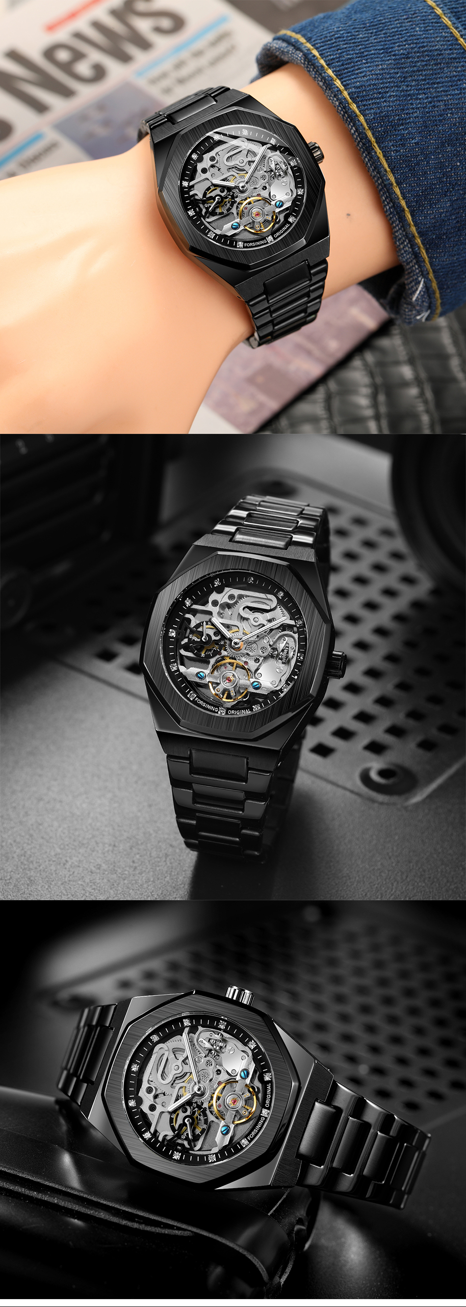 Forsining Men's Automatic Skeleton Watch – Stainless Steel – detail 18