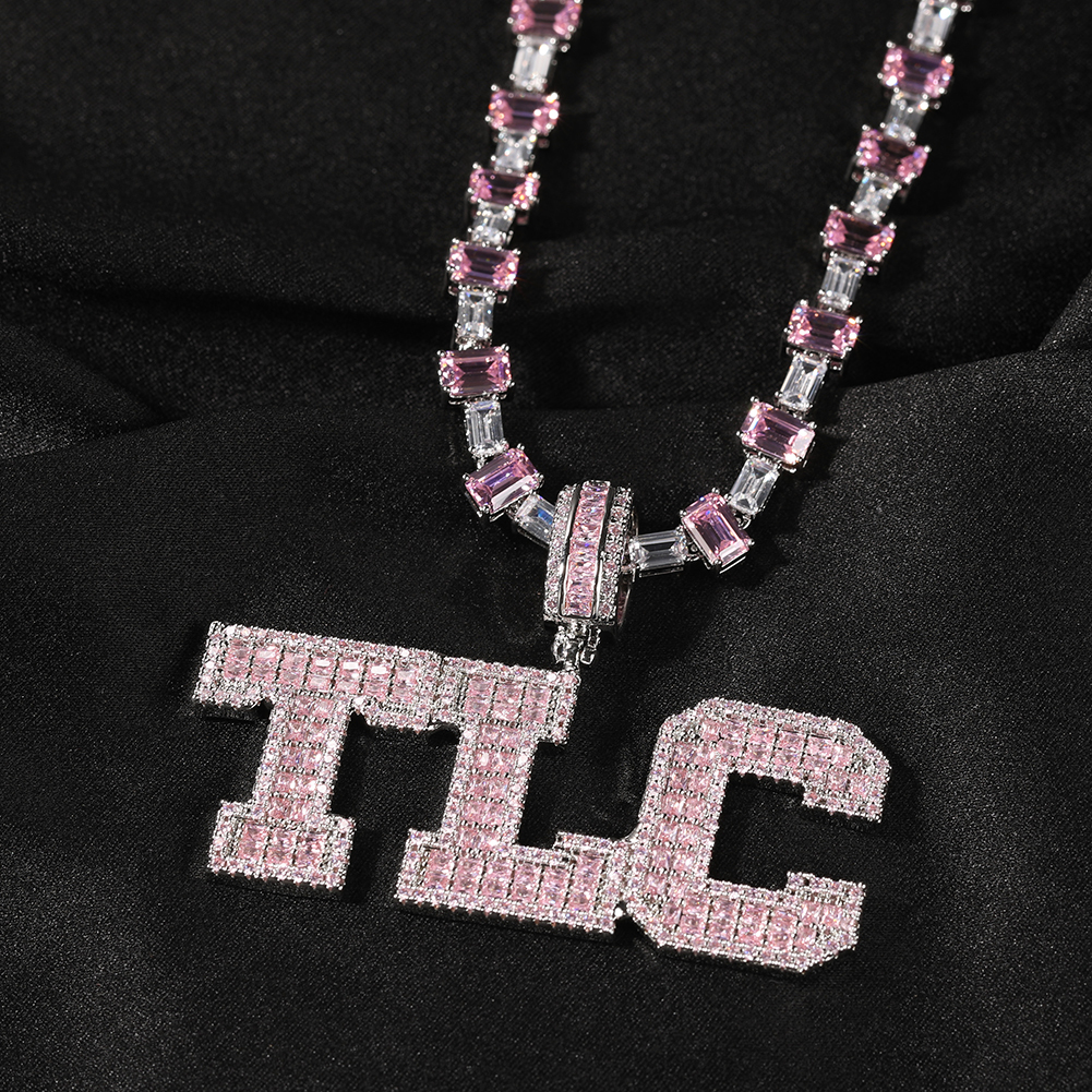 3C6A5234.jpg Pink Baguette Letter Name Necklace with Heart Tennis Chain – detail 4