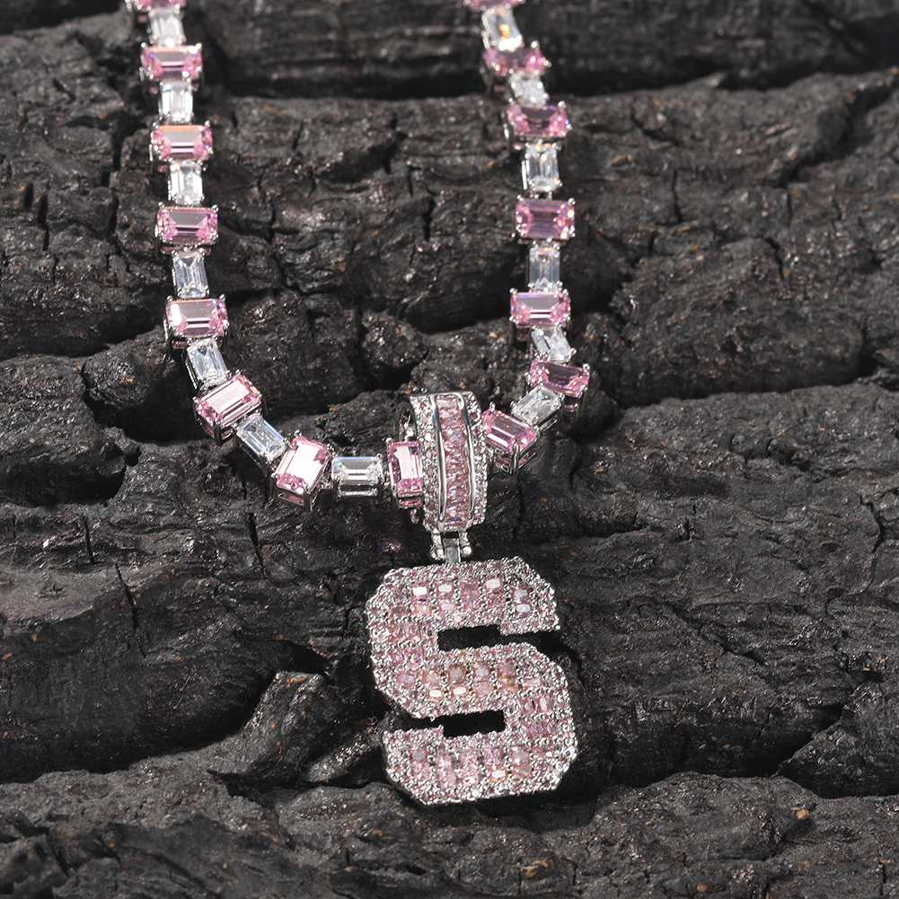 3C6A4535.jpg Pink Baguette Letter Name Necklace with Heart Tennis Chain – detail 3