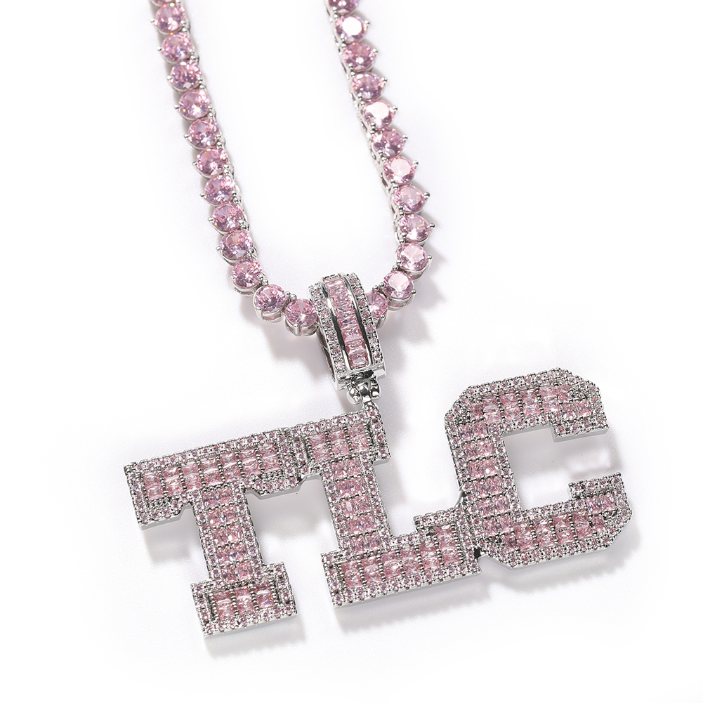 3C6A5247.jpg Pink Baguette Letter Name Necklace with Heart Tennis Chain – detail 9