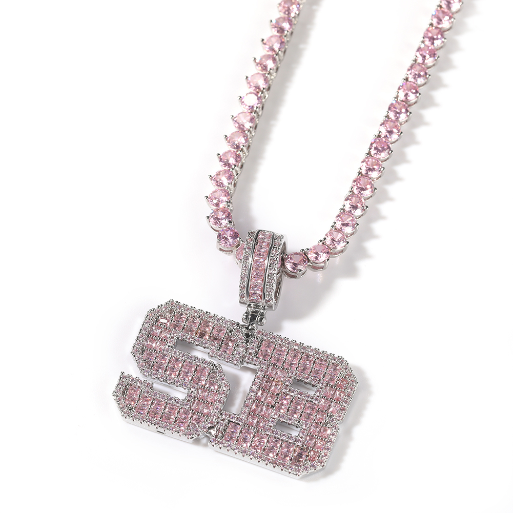 3C6A5246.jpg Pink Baguette Letter Name Necklace with Heart Tennis Chain – detail 8