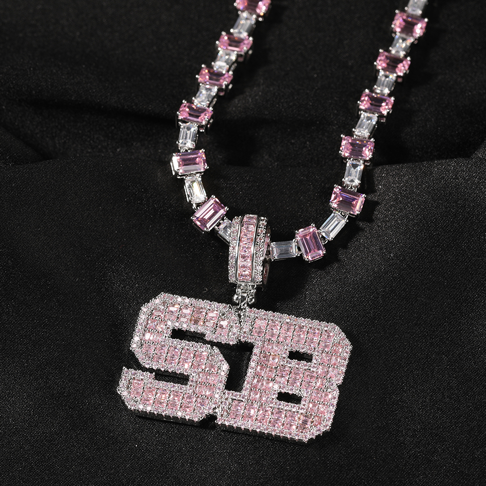 3C6A5235.jpg Pink Baguette Letter Name Necklace with Heart Tennis Chain – detail 5